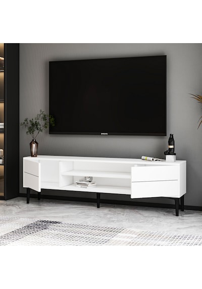 Aragon Modern Tv Sehpası 140 Cm, 2 Kapaklı + 2 Açık Raflı Tv Ünitesi - Beyaz