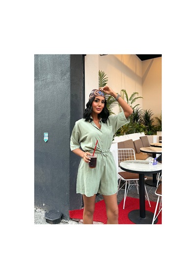 Nido Moda Kadın Cepli Oversize Gömlek Ve Beli Bağcıklı Şort İkili Takım Yeşil