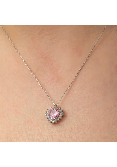 Gümüş Pembe Taşlı Kalp Kadın Kolye 14 MM Gümüş