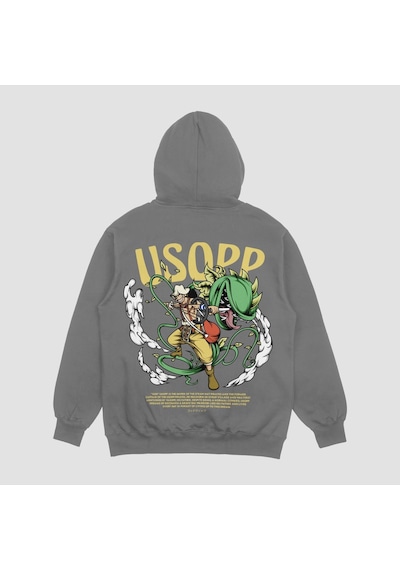 Unisex Gri Usopp Baskılı Hoodie Oversize Kapşonlu Sweatshirt Gri