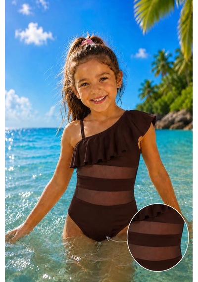 My Kids Wear Kız Çocuk Fırfır Ve Tül Detaylı Tek Parça Mayo. 12839 Kahverengi