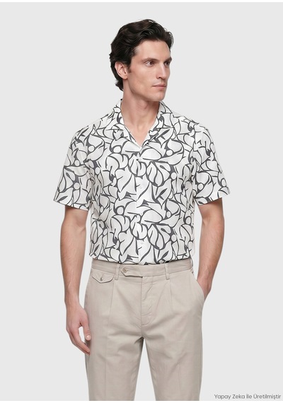 Ramsey Ekru Regular Fit Kısa Dokuma Casual %100 Pamuk Gömlek Ekru, Koyu Gri