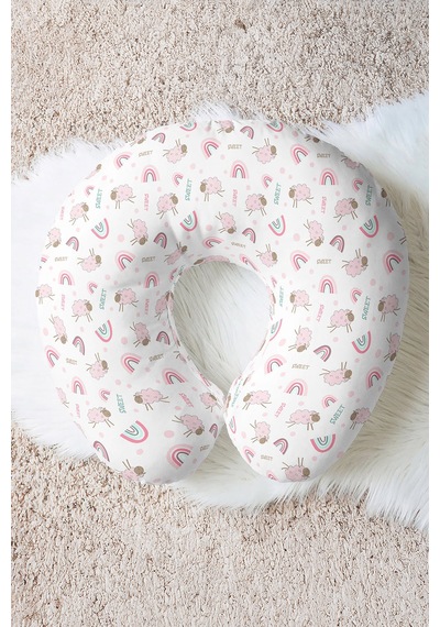 Sevimli Kuzu Ergonomik Boyun Yastığı - Pastel Gökkuşağı Desen Pembe Yeşil Seyahat Yastığı Sedefli Toprak Camel