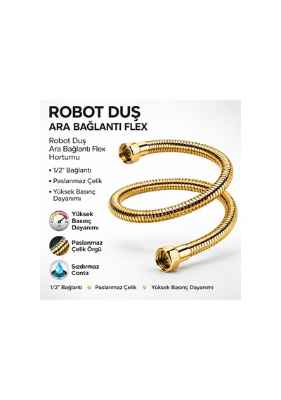 Robot Duş Ara Bağlantı Hortumu 60 Cm Flex Hortum Paslanmaz Çelik Örgülü Yüksek Basınçlı Altın