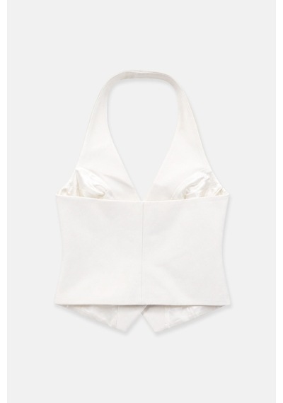 Thalure Kadın Ekru Halter Yaka Kruvaze Fit Yelek