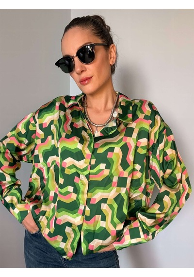 Ali Butik Retro Yeşil Desenli Saten Gömlek Yeşil
