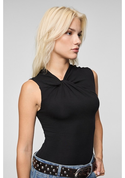 Grımelange Orılenna Kadın Önü Düğüm Detaylı Vücudu Saran Sıfır Kollu Slim Fit Siyah Bluz Siyah