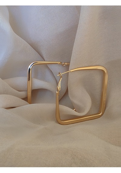 Kare Model Halka Gold Renk Çelik Küpe 5,5cm Altın