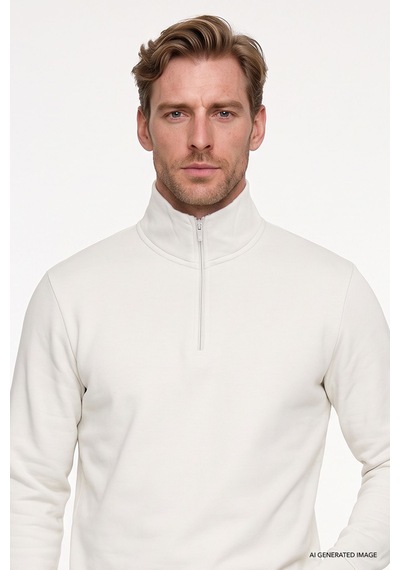 AC&Co / Altınyıldız Classics Standart Fit Normal Kesim İçi Polarlı Bato Yaka Pamuklu Erkek Sweatshirt Bej