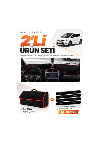 E-biz Toyota Verso 2009-2018 Uyumlu Torpido Örtüsü + Tay Tüyü Çanta - Siyah-kırmızı - To024