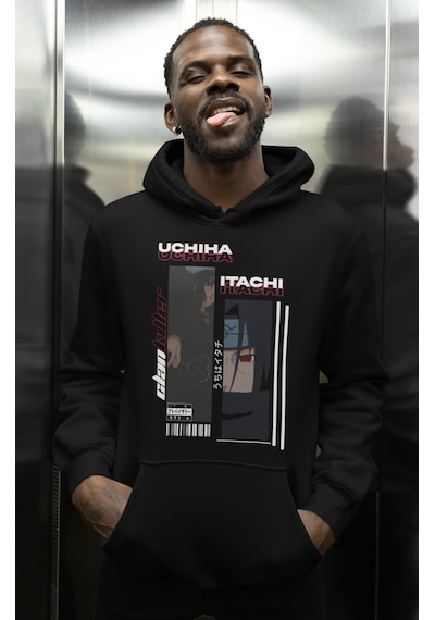 Sevbano Uchiha Itachi Baskılı Unisex Oversize Naruto Anime Karakter Hoodi Siyah