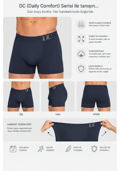 Elilom Erkek Boxer 3'lü Paket Daily Comfort Dikişsiz Nefes Alır Pamuklu Lacivert Set 3p Lacivert