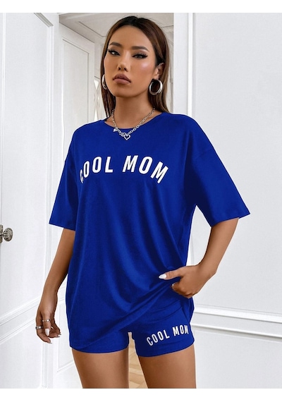 Cool Mom T-shirt - Lacivert Baskılı Oversize Bisiklet Yaka Kısa Kol Tişört Lacivert