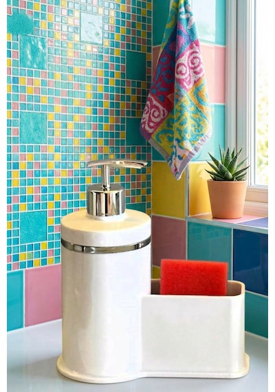 Makri Home Mutfak Veya Banyo İçin Şık Gümüş Detaylı Süngerlikli Sıvı Sabunluk , Yerli Üretim Beyaz