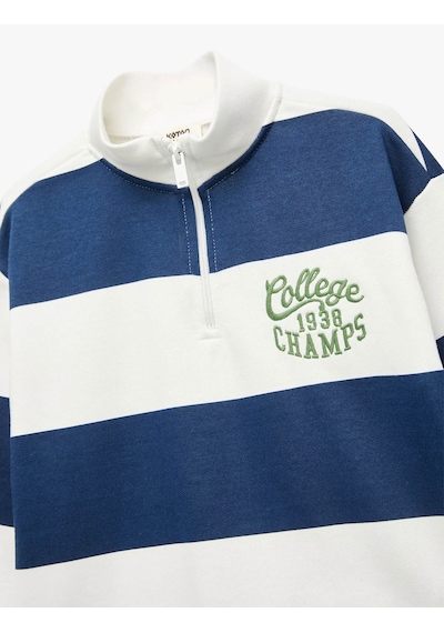 Koton Yarım Fermuarlı Dik Yaka Oversize Çizgili Ekru Erkek Çocuk Sweatshirt 7wkb10051tk