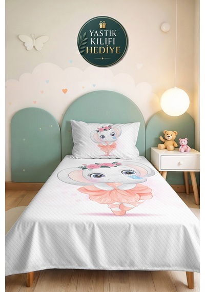 Evimde Bambaşka Fil Çiçekli Pembe Kız Çocuk Pike Takımı - Sevimli Pastel Beyaz Bebek Odası Yatak Örtüsü - 160x220  CM