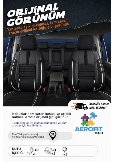 Ford Focus 3 Phantom Siyah Beyaz Tay Tüyü Oto Koltuk Kılıfı Tam Set -ortopedik-kolay Montaj-terletmez 2010-2018