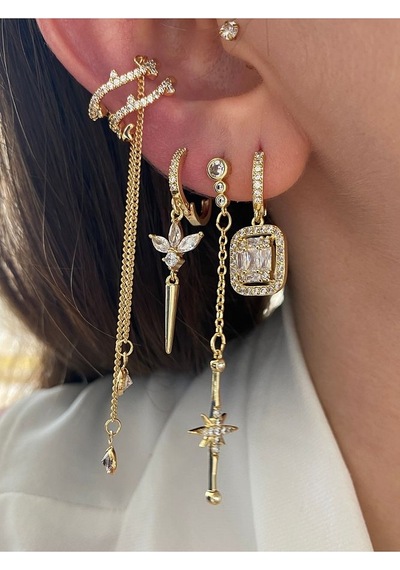 Pinery Jewels Baget Ve Zirkon Taşlı 3'lü Altın Kaplama Kadın Küpe Seti Altın