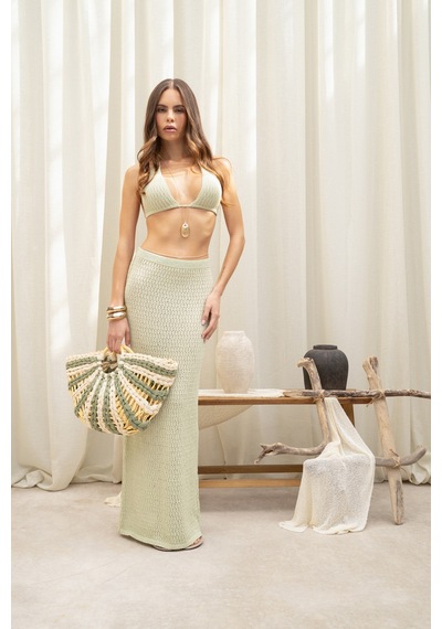 Mai Collection Pangestu Üçgen Yeşil Crop Etek Triko Takım