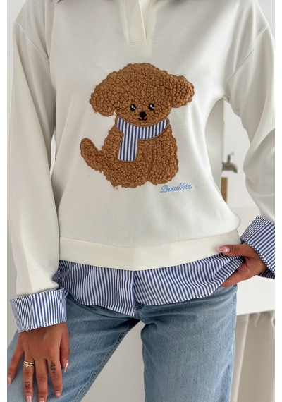 Kadın Nakış Peluş Ayıcık Figürlü Sweatshirt Eğlenceli & Şehirli Stil Beyaz