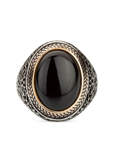 Oval Siyah Oniks Taşlı Simetrik Desen Gümüş Erkek Yüzük