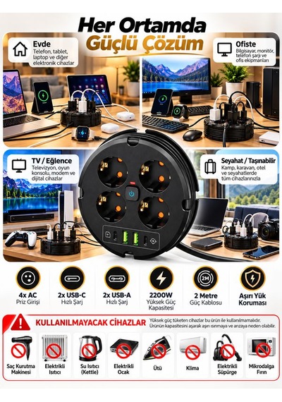 4'lü Akım Korumalı Çoklu Priz 2200w 1050j 2 Usb 2 Type-c 10a 2m Sarılabilir Kablolu 0.2 M