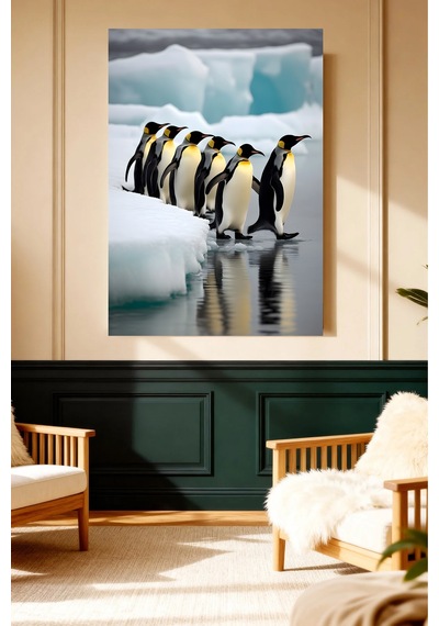Penguen Ailesi Karlı Manzara Tablo - Antarktika Penguenleri Grup Portresi Duvar Sanatı