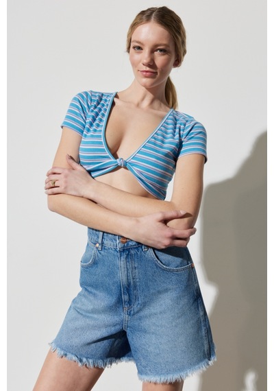 Wrangler Regular Fit Normal Kesim V Yaka Çizgili Crop Bluz W231671400