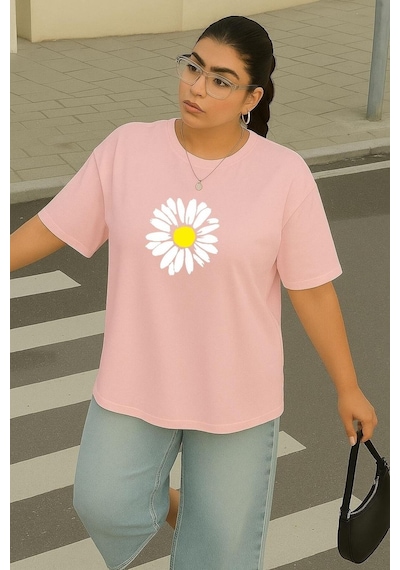Büyük Beden Papatya Baskılı Unisex Tişört Pembe