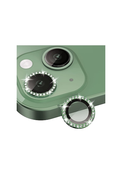 Apple Uyumlu iPhone 14 Max ile Taşlı Tasarım Temperli Cam Kamera Lens Koruyucu - Yeşil