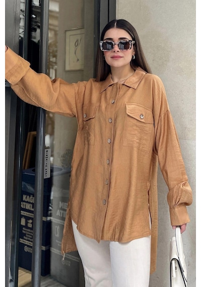 WeShaya Kadın Taba Balon Kol, Pileli, Yırtmaçlı, Oversize, Keten Tunik Gömlek Bej WeShaya Kadın Taba Balon Kol, Pileli, Yırtmaçlı, Oversize, Keten Tunik Gömlek Bej
