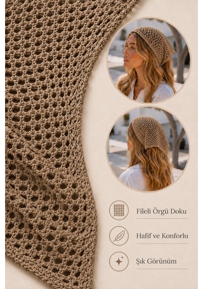 Kahverengi Fileli Örgü Bandana Kadın Bağlamalı Saç Bandı Hafif Esnek Günlük Bandana Kahverengi - 884327932 Kahverengi