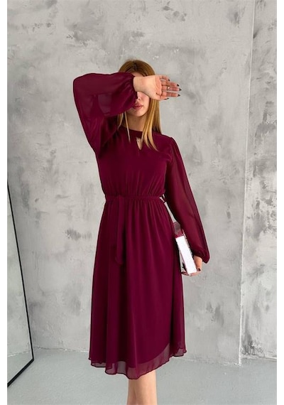 Dipmoda Kadın Bordo Midi Boy Astarlı Şifon Elbise Dpkklf2027 Bordo