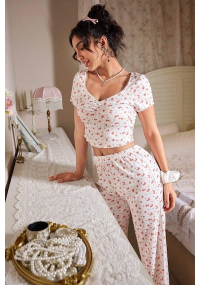 Bella Notte Ekru V Yaka Kısa Kollu Pijama Takımı