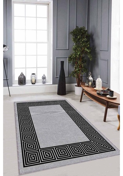 Gri Çerçeveli Kaymaz Tabanlı Makinede Yıkanabilir Halı Rv045n11
