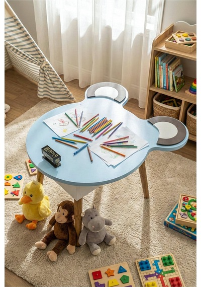 Çocuk Masası & Çocuk Sandalyesi Happy Face Sevimli Figürlü Set Mavi