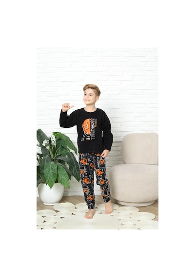 Yeni Stil Sonbahar/kış Erkek Çocuk Basketball Desenli Polar Pijama Takımı 4562 Siyah
