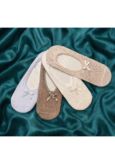 Heren Socks Heren 4'lü Dantelli Kadın Babet Çorap , Fiyonklu , Fileli ASORTİ