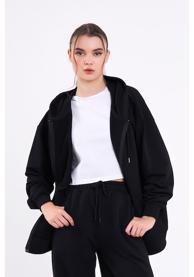 Comeor Siyah Kanguru Cepli Kapüşonlu Fermuarlı Oversize Kadın Sweatshirt 001