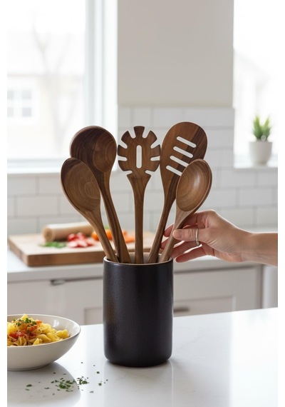 Ayrex Ceviz Ağacı Doğu Cevizi 5 Parça Pro Luks Tahta Kaşık, Spatula Ahşap Mutfak Seti