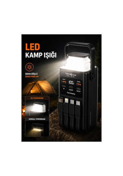 30.000 Mah Powerbank 22.5w Hızlı Şarj Lcd Ekran 4 Çıkış 4 Kablo Kamp Işıklı Taşınabilir Batarya Siyah