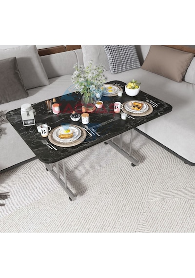 Metal Ayaklı Tekerlekli Ekonomik Orta Sehpa 70 X 110 Cm Siyah Mermer Siyah Mermer