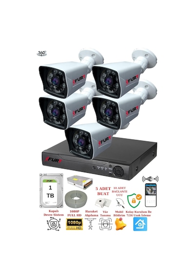 Fury 5 Kameralı 5mp Lensli 1080p 2mp Görüntü 6 Atom Gece Görüşlü Fullhd Güvenlik Kamera 1tb