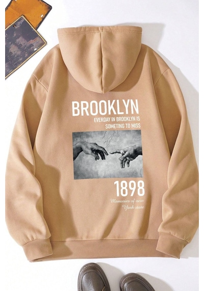 Uyguntarz Unisex Oversize 1898 Brooklyn Baskılı Sweatshirt Bej