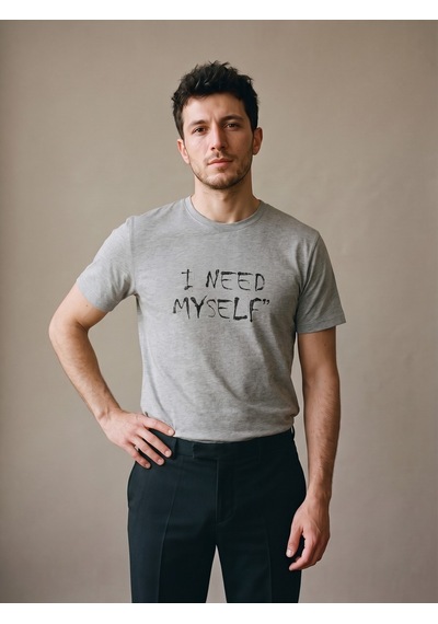 Maccali Erkek Gri I Need Myself Baskılı Bisiklet Yaka Tişört