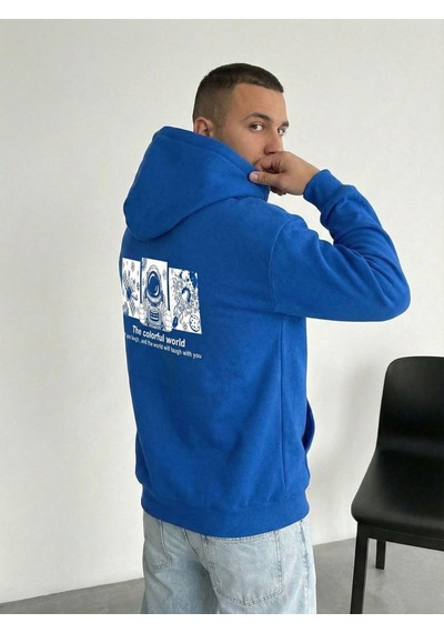 Mbb E-ticaret Erkek Baskılı Kapüşonlu Cepli Hoodie 3 İplik Pamuklu Sweatshirt - Saks Mavisi Mavi
