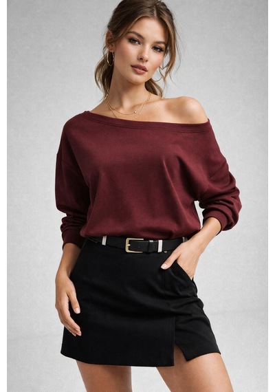 Wild Bee Kadın Bordo Düşük Omuz Modal Bluz