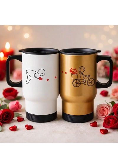 Bk Gift Sevgili Çift Tasarımlı 2li Kulplu Beyaz&gold Çelik Termos Mug 450 Ml -29, Sevgiliye Hediye, Sevgililer Günü Hediyesi Kobitmeyencom36230 Bk Gif