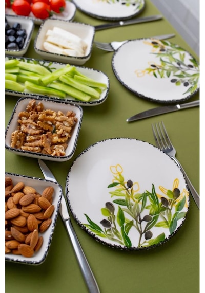 14 Parça 6 Kişilik Seramik Kahvaltı Takımı Zeytin Desenli Yuvarlak Kahvaltı Seti Beyaz - Yeşil