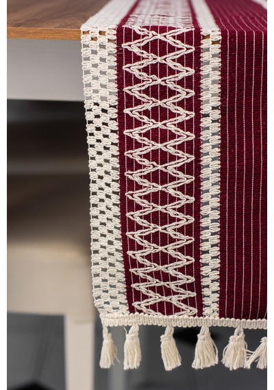 Pamuk Örme Püsküllü Dantel Bordo Runner 35x145